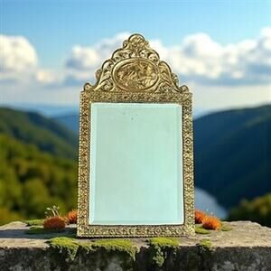 19th C Brass Mirror w Beveled Glass-Dutch Scene Embellishment-Antique-Wall-VTG